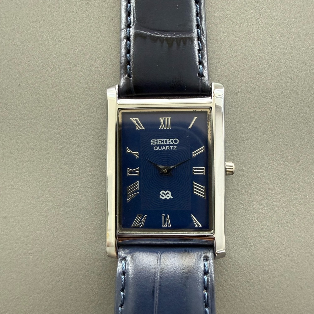 Vintage Seiko Tank watch Blue dial Silver Bezel with Blue Strap
